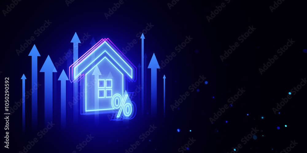 Poster house icon with percent sign and upward arrows on dark background. 3d rendering