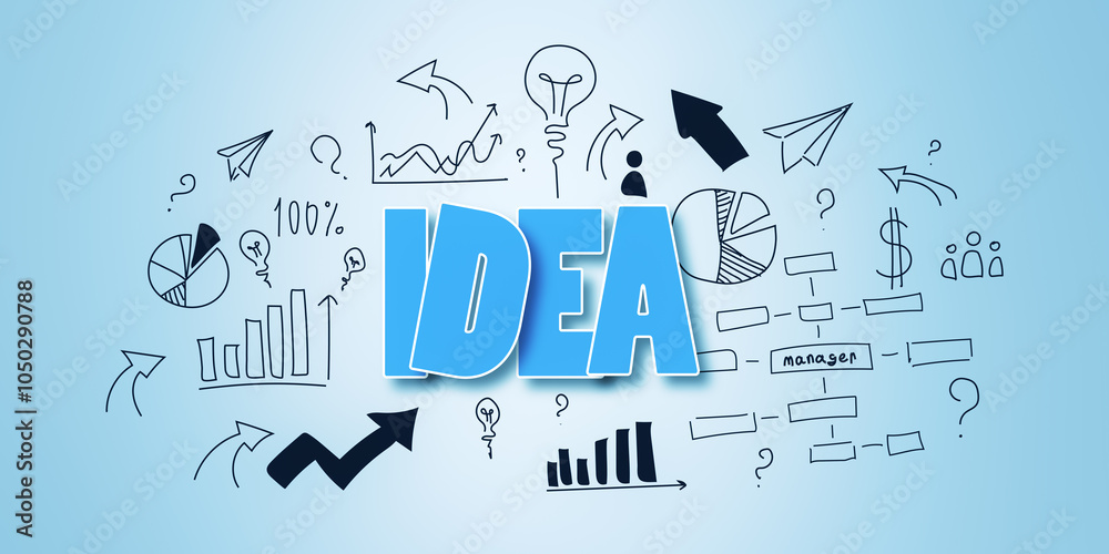 Aufkleber idea concept with business icons and sketches on blue background. 3d rendering