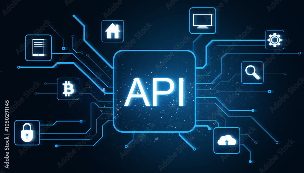 Poster API concept with data and technology icons on digital neon network lines. 3D Rendering