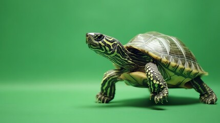 Obraz premium A small turtle walks on a green background.