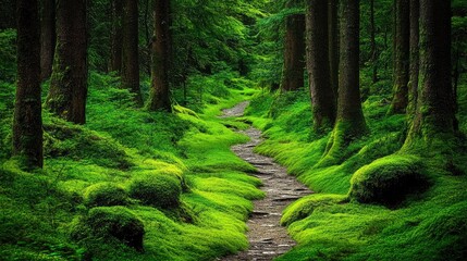 Obraz premium A mossy forest path winding through tall trees, leading deeper into the lush wilderness and inviting adventure in nature's embrace