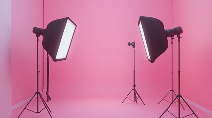 Two studio lights with softboxes set up on tripods in front of a pink backdrop.