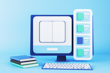 Fototapeta premium Online education concept with computer and books on blue background. 3D Rendering