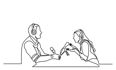Continuous line drawing of interviewing man and woman on a podcast discussion, talking to guests in the studio.  Concept of podcasting, radio station, interview. Podcast presenters with a microphone t