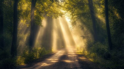 Obraz premium Sunbeams Through Forest Path