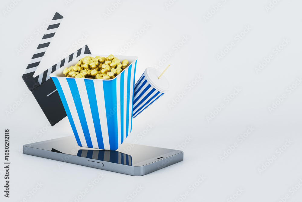 Poster Popcorn and soda on smartphone with clapperboard on white background. 3D Rendering