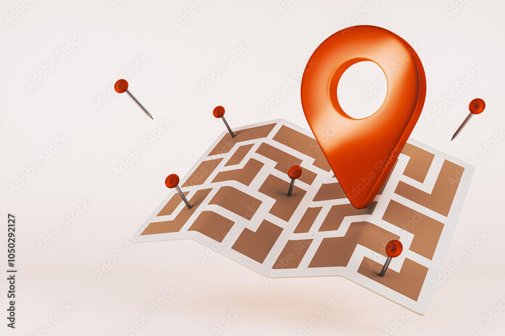 Poster Navigation map with pins and location marker on abstract background. 3D Rendering