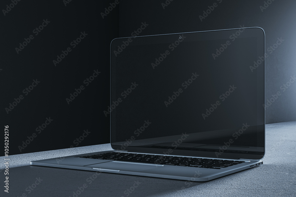 Poster Laptop with blank screen mockup on dark background. 3D Rendering