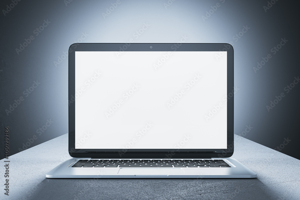 Poster laptop with blank screen on a desk, front view. 3d rendering