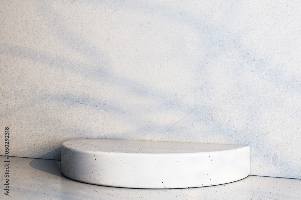 Poster White round pedestal on a textured beige background with soft shadows. 3D Rendering
