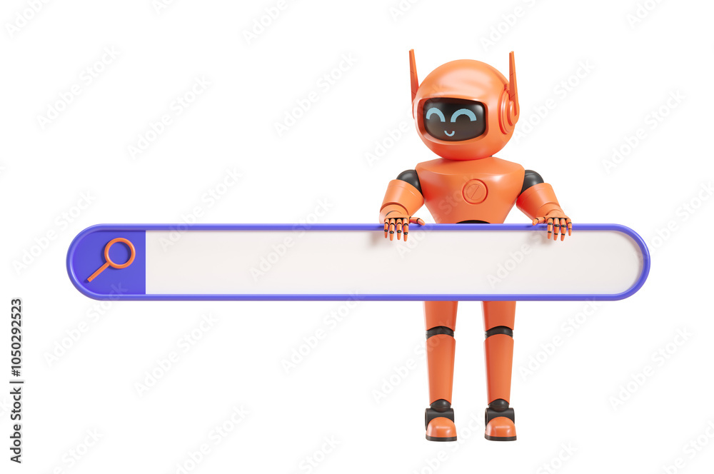 Poster orange robot holding a search bar with a magnifying glass icon. isolated on white background. concep