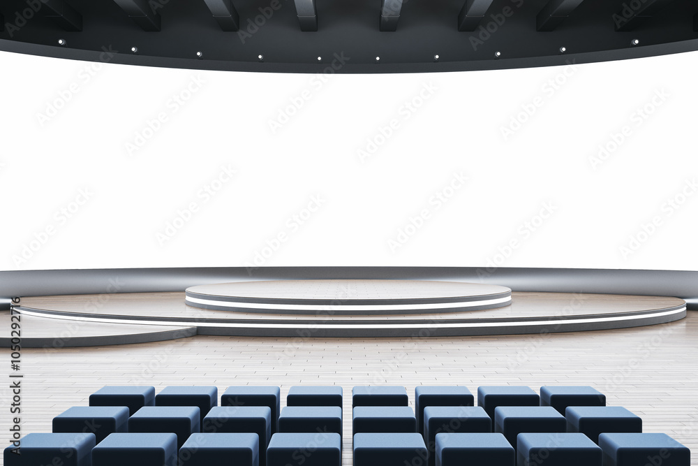 Poster Modern auditorium with empty seats facing a large stage and screen. 3D Rendering