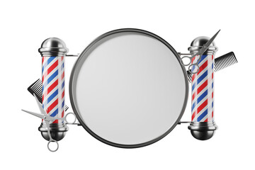 Circular barber shop mirror with red, white, and blue poles, scissors, and combs, isolated on a white background. Concept of barbershop. 3D Rendering