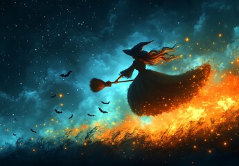 Fototapeta premium Person Flying on a Broomstick
