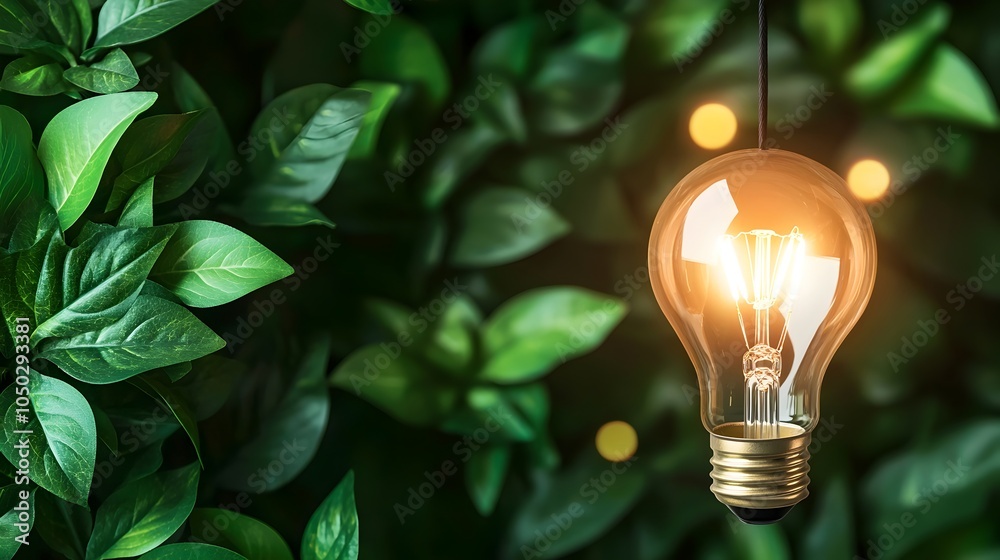 Poster glowing light bulb suspended over a bed of lush green leaves symbolizing the creative thinking proce