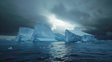 A dramatic view of the Antarctic icebergs with a backdrop of dark, stormy skies and a hint of the setting sun, rugged setting with contrasting colors