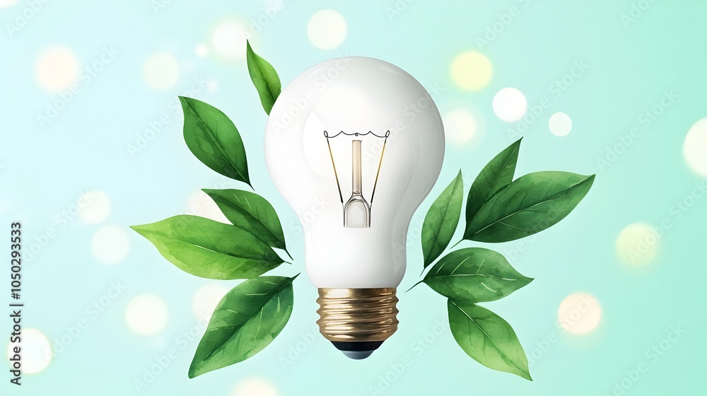 Poster glowing light bulb radiating clean energy in a watercolor backdrop with subtle green tones and delic