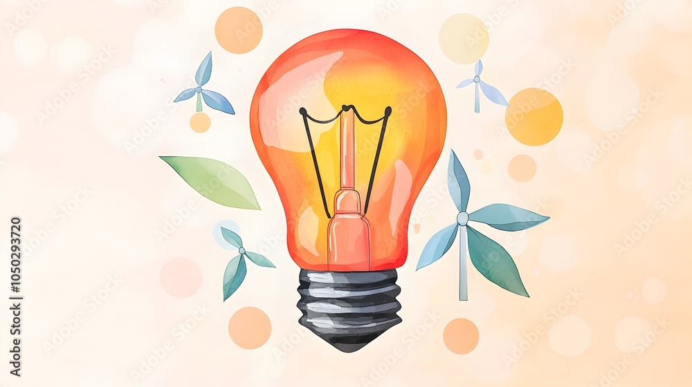 Poster watercolor of a lightbulb as a metaphor for creative breakthrough surrounded by clean energy symbols