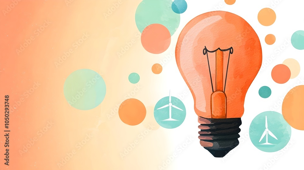 Poster watercolor light bulb as a metaphor for creative breakthrough surrounded by clean energy symbols lik