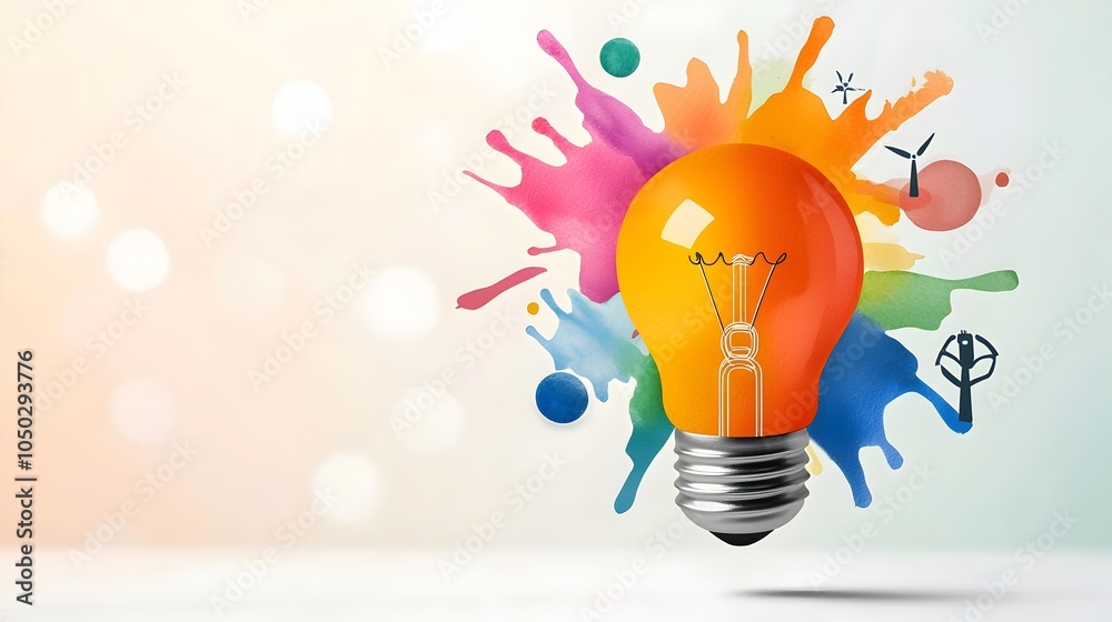 Poster A floating light bulb with vibrant watercolor splashes representing the spark of genius ideas in marketing surrounded by clean energy icons and soft bokeh highlights to signify innovation creativity