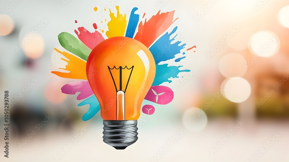 Poster floating light bulb with vibrant watercolor splashes symbolizing the spark of genius ideas in market