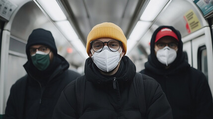 
Wearing a mask on public transport, visual reminder of safety measures, reducing disease spread