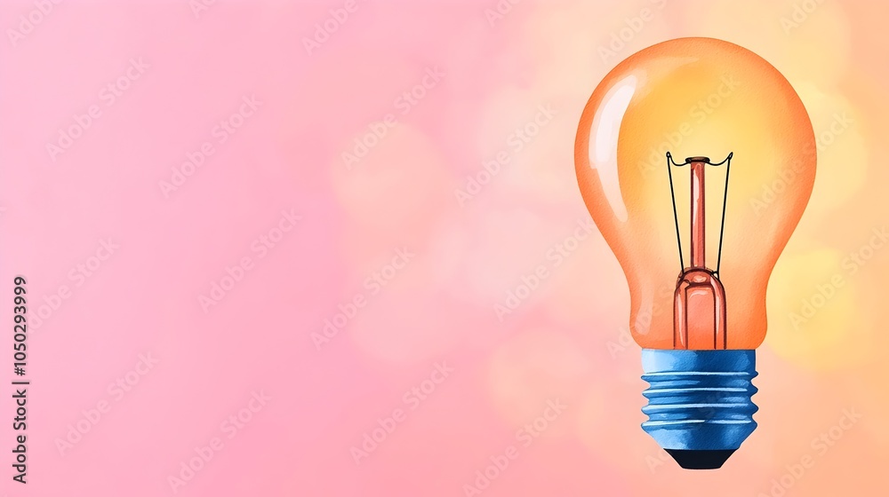 Poster Conceptual image of a glowing light bulb painted in a dreamy watercolor style representing ideas innovation and alternative energy solutions  The soft hazy bokeh effect creates an backdrop
