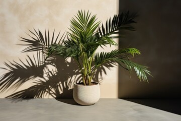 Fototapeta premium Textured white paper mockup with plant shadows on soft gray table in natural light setting