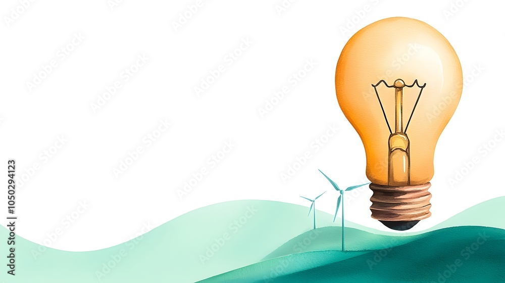 Poster ethereal watercolor image of a light bulb hovering over a dreamy natural landscape representing smar