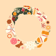 Christmas round frame. hand-drawn Christmas poster. Wreath, sock, Christmas decoration