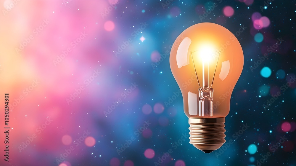 Aufkleber Glowing light bulb symbolizing a bright idea set against a vibrant nebula backdrop with luminous bokeh lights reflecting innovation technology and creativity
