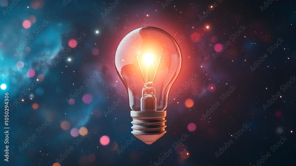 Leinwandbilder glowing light bulb symbolizing a bright idea set against a vibrant nebula backdrop with shimmering b