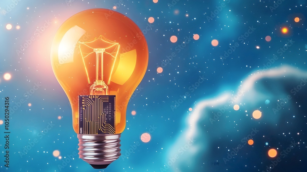 Poster Glowing Light Bulb with a Digital Circuit Base Framed by Nebula Clouds and Scattered Bokeh Lights Signifying Cutting Edge Ideas and Modern Technological Solutions for the Future