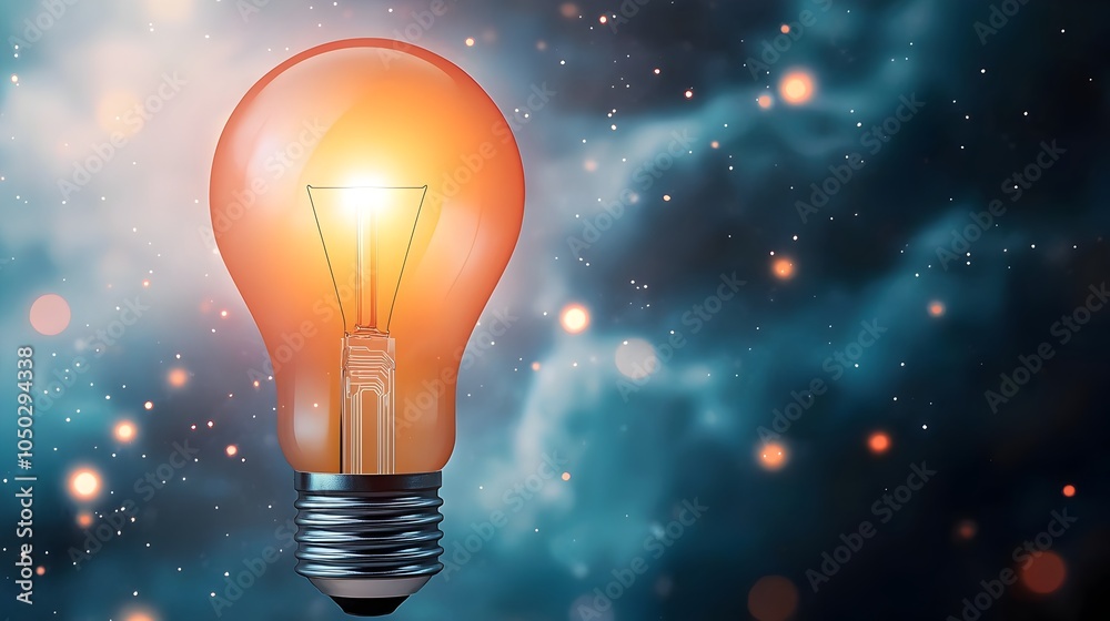 Poster Glowing light bulb with a digital circuit base framed by nebula clouds and scattered bokeh lights signifying cutting edge ideas and modern technological solutions for the future