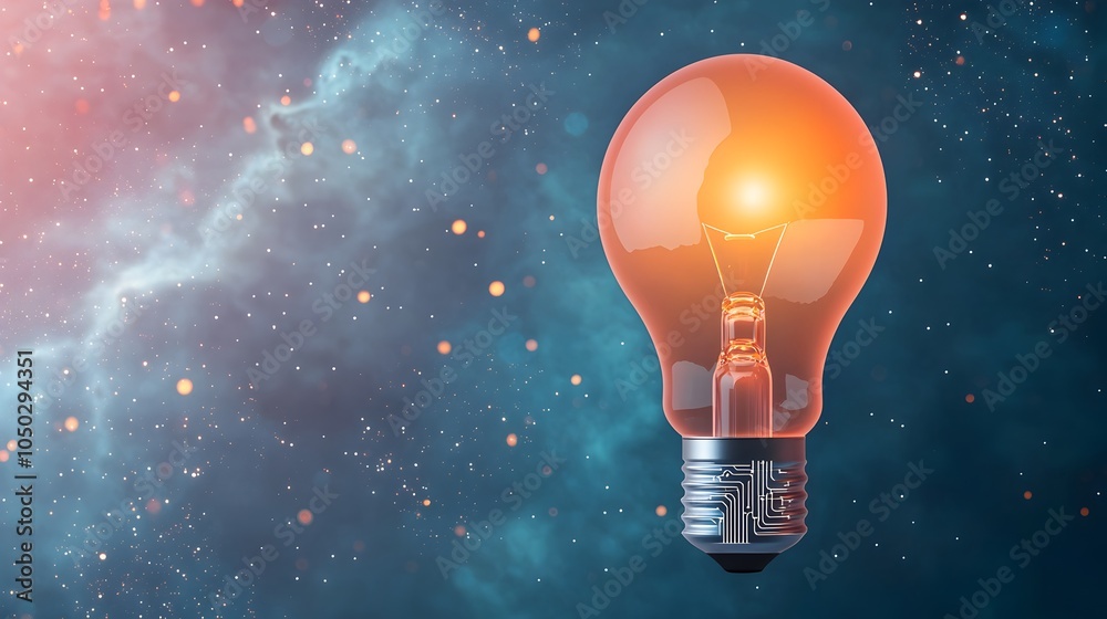 Fototapete Glowing Digital Circuit Bulb Framed by Ethereal Nebula Clouds and Scattered Bokeh Lights Symbolizing Cutting Edge Ideas and Innovative Modern Solutions