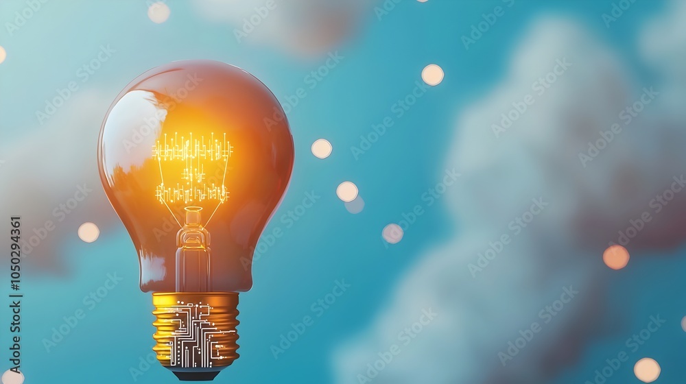 Aufkleber Glowing light bulb with a digital circuit base framed by nebula clouds and scattered bokeh lights symbolizing cutting edge ideas and modern technological solutions