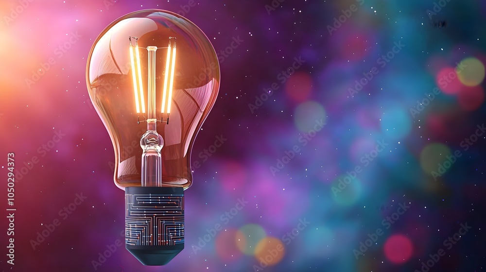 Poster A futuristic light bulb illuminating a field of colorful bokeh with circuit patterns on the base set against a cosmic nebula for a bold innovation concept