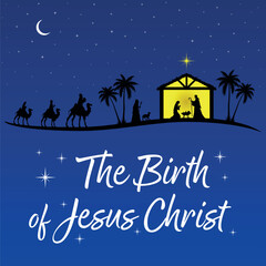 Christmas Nativity scene background. Three wise men arrive at the stable. Vector illustration.