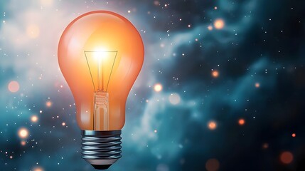 Glowing light bulb with a digital circuit base framed by nebula clouds and scattered bokeh lights signifying cutting edge ideas and modern technological solutions for the future