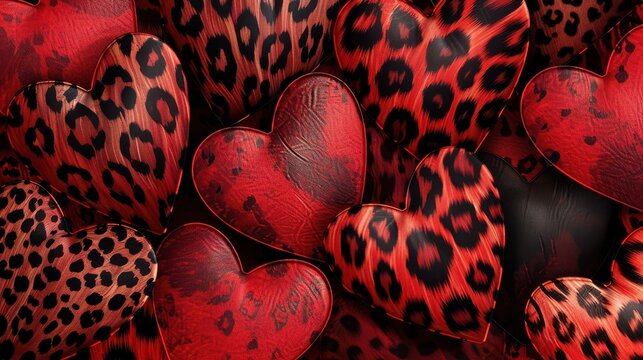 3d illustration of red hearts with leopard print on red background