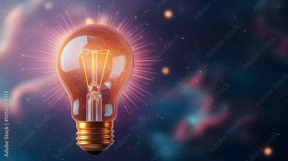 Poster A glowing conceptual light bulb symbolizing a visionary breakthrough surrounded by rays of innovation and orbited by soft bokeh lights with a backdrop of nebula clouds