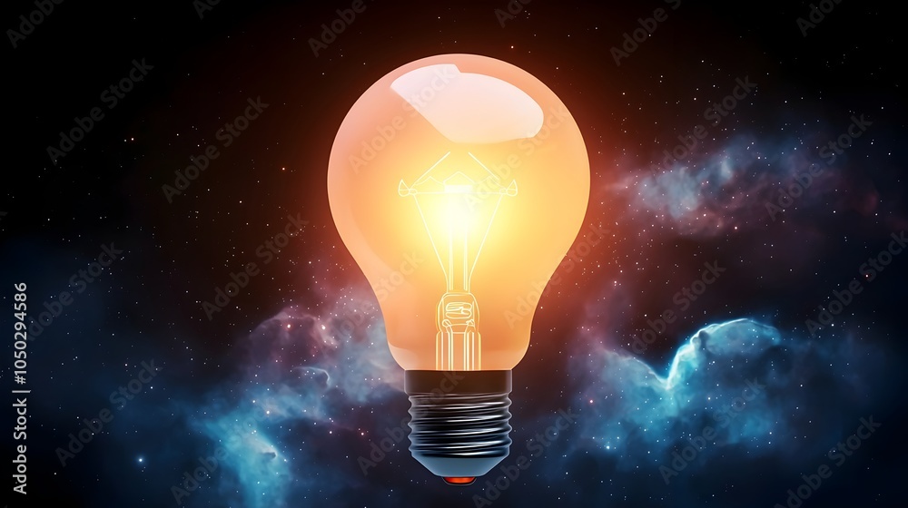Aufkleber Radiant light bulb with circuitry base surrounded by swirling bokeh and nebula clouds symbolizing the innovative spirit and creative energy of new ideas and smart technology