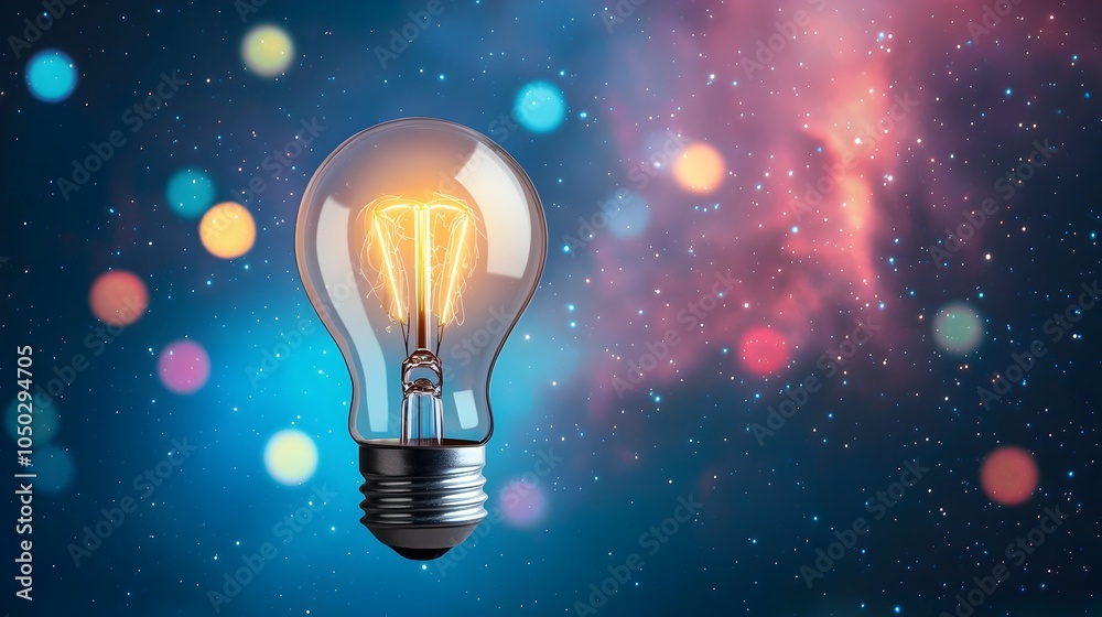 Leinwandbilder glowing filament light bulb surrounded by vibrant colorful bokeh lights and nebula sky representing 