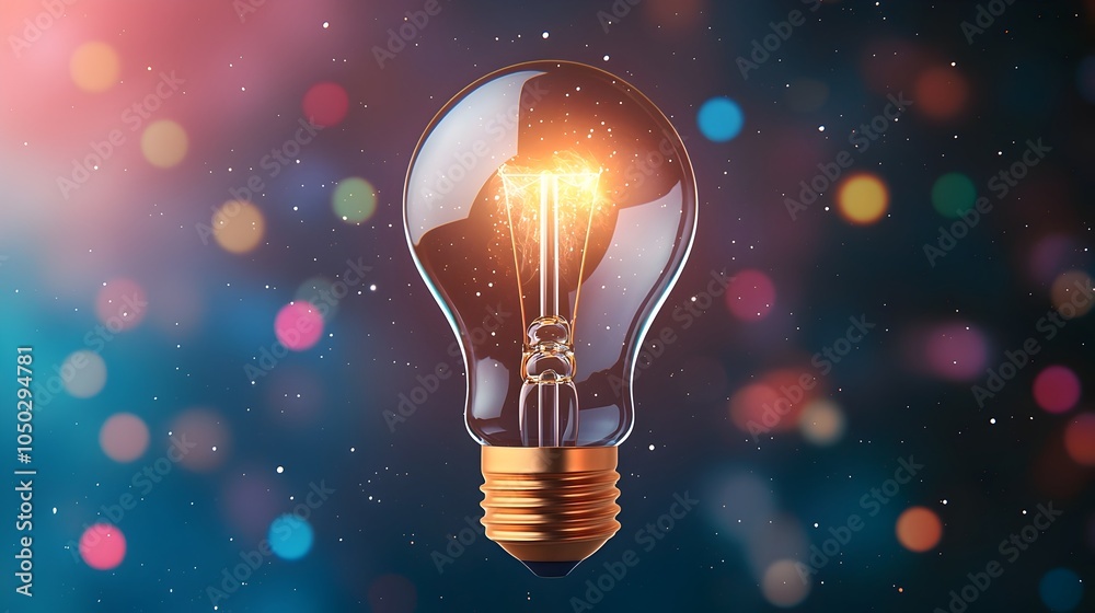 Leinwandbilder a light bulb with a glowing filament surrounded by a vibrant nebula sky and colorful bokeh lights sy