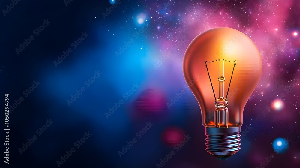 Poster A vivid light bulb shining amidst bokeh light orbs and a starry nebula backdrop with the bulb s base adorned in tracking lines representing the power of innovation creativity and breakthrough ideas