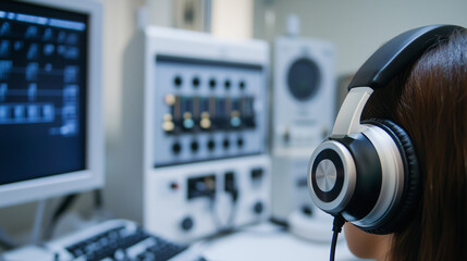 Hearing test equipment in an audiology clinic, with a person wearing professional headphones focused on a hearing assessment, showcasing a clinical setting designed for accurate audio evaluations.