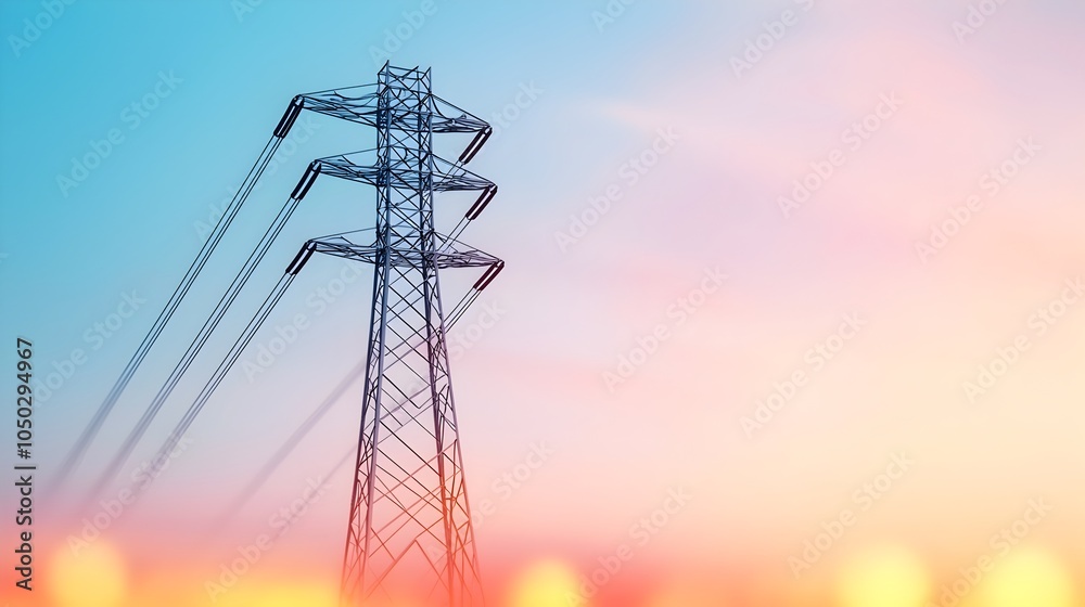 Aufkleber Towering electricity pole standing tall against a backdrop of a bright colorful energy consumption chart  The blurred bokeh at the bottom creates a dynamic and radiant visual effect