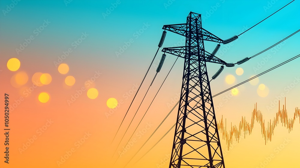 Aufkleber silhouette of a high voltage power transmission tower overlaid with a rising graph depicting increas
