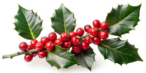 Branch of holly tree with berries on white background, Clipping path