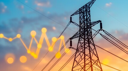 Dramatic silhouette of a high voltage electrical transmission tower set against a backdrop of a rising power usage graph Flickering golden bokeh lights add an atmospheric